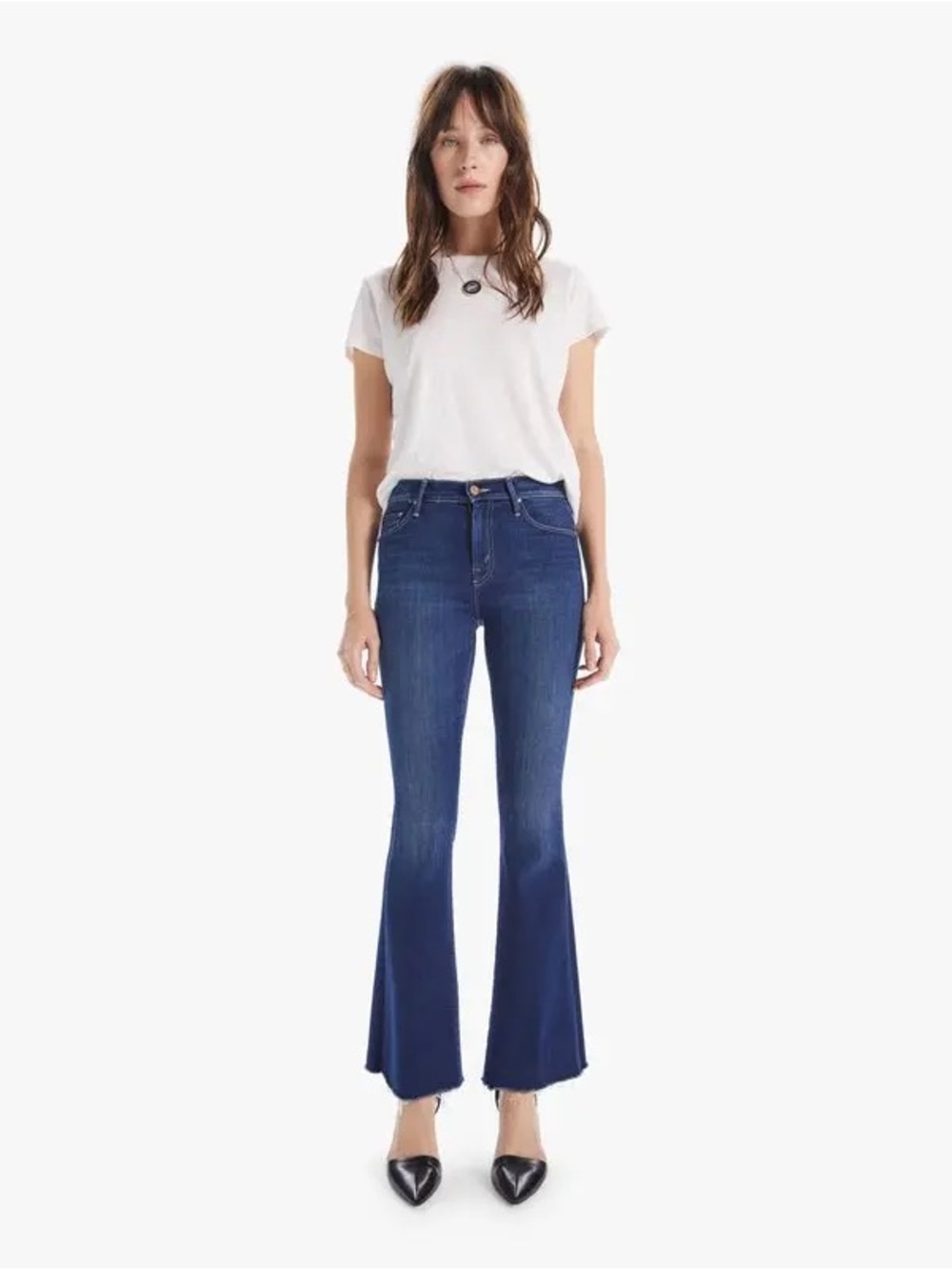 MOTHER The Weekender Women's Dark Blue Flare Jeans with Raw Hem - Home Movies